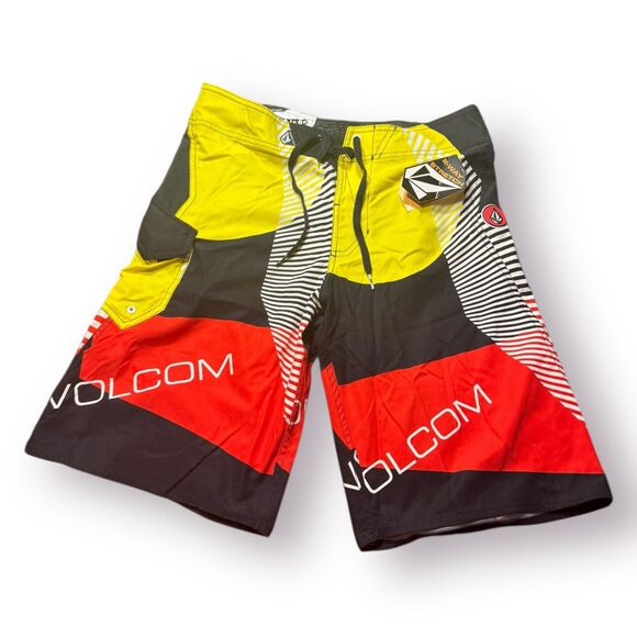 Volcom Red Yellow Board Shorts Size 32" 2‎ Way Stretch Swim Trunks Retro BNWT - Picture 1 of 6